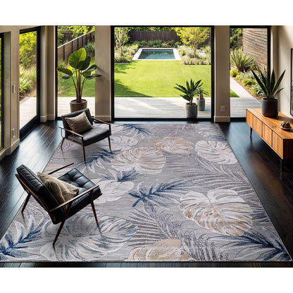 CAMILSON Indoor Outdoor Rug, Blue 7’10”x10’ Leaf Tropical Botanical Area Rugs for Indoor and Outdoor patios, Easy-Cleaning Non-Shedding Living Room, Garden and Kitchen Washable Outside Carpet (8x10)