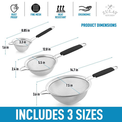 Zulay Kitchen Premium Stainless Steel Fine Mesh Strainer Set - Strainers For Kitchen (Set of 3) With Non-Slip Handles - Includes A Small, Medium & Large Fine Mesh Sieve Set - Durable Metal Strainer