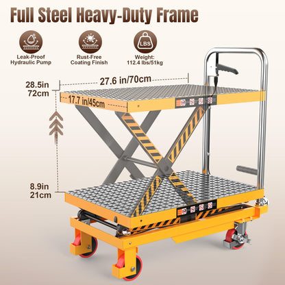 Tera Foldable Hydraulic Lift Table Cart: 330lbs Capacity 28.5" Lifting Height Single Scissor Lift with Non-Slip Pad Anti-Collision Wheels Thickened Scissors for Material Handling and Transportation