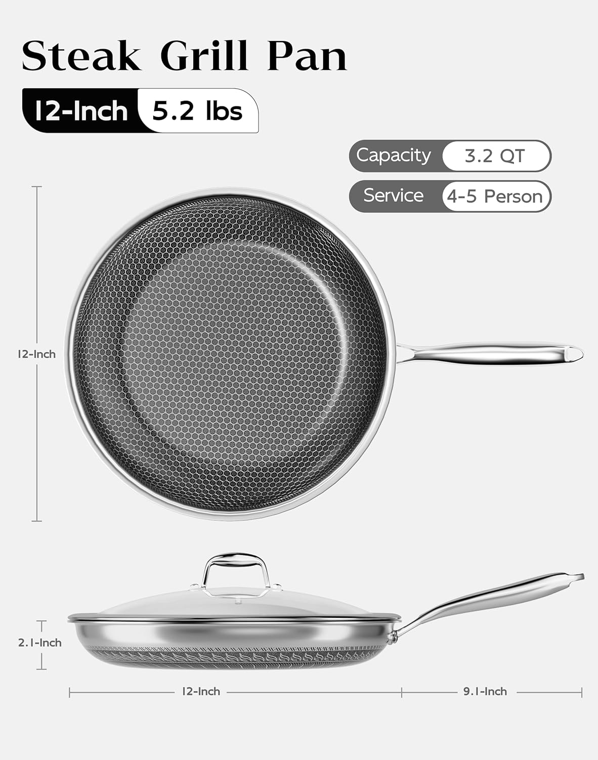 Skiennix Nonstick Frying Pan - 12-Inch Durable Stainless Steel Skillet | Induction Compatible, PFOA-Free, Dishwasher Safe