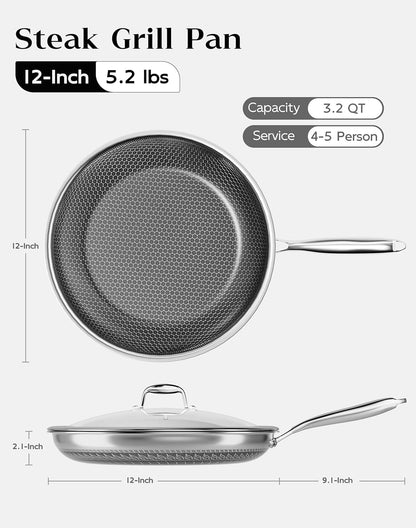 Skiennix Nonstick Frying Pan - 12-Inch Durable Stainless Steel Skillet | Induction Compatible, PFOA-Free, Dishwasher Safe