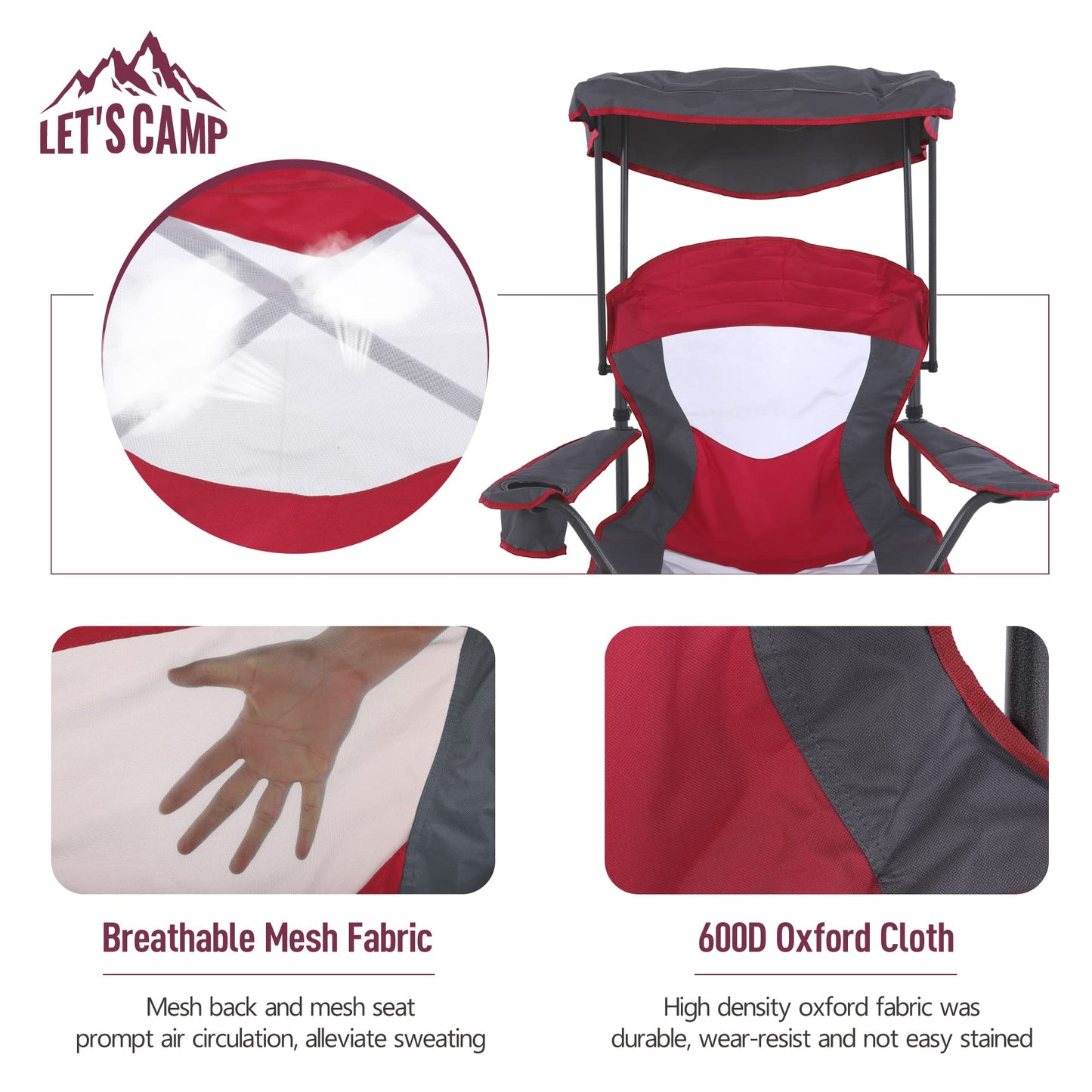 LET'S CAMP Camp Chair with Shade Canopy Folding Camping Chair with Cup Holder and Carry Bag for Outdoor Camping Hiking Beach, Heavy Duty 350 LBS,2 Pack