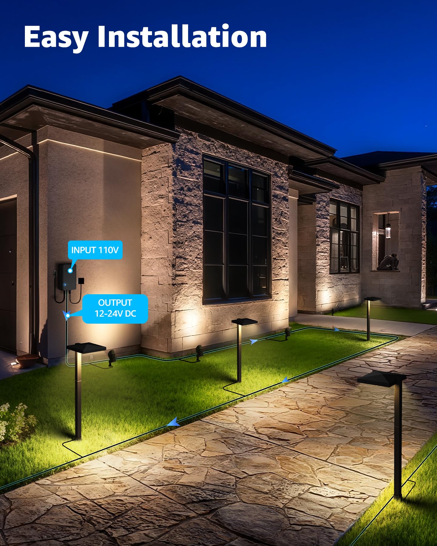 SUNVIE All-in-ONE Landscape Lighting Kit 6-Pack Anti-glare LED Pathway Lights, 2-Pack Spotlights, 60W Transformer, 100FT 16/2 AWG Wire and Connectors Outdoor Landscape Lighting for Walkway Garden Yard