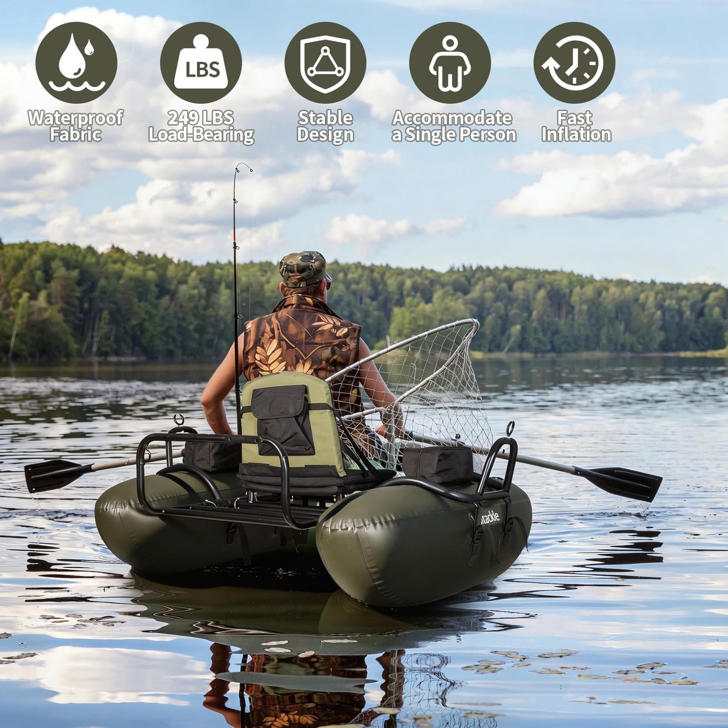 UNITACKCLE Inflatable Fishing Float Tube, Pontoon Boat with Adjustable Footrest, Folding Padded Seat, Paddles, Foot Air Pump Included, 249 LBS Load Capacity, Belly Boat Suitable for One Person Fishing