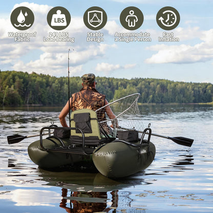 UNITACKCLE Inflatable Fishing Float Tube, Pontoon Boat with Adjustable Footrest, Folding Padded Seat, Paddles, Foot Air Pump Included, 249 LBS Load Capacity, Belly Boat Suitable for One Person Fishing
