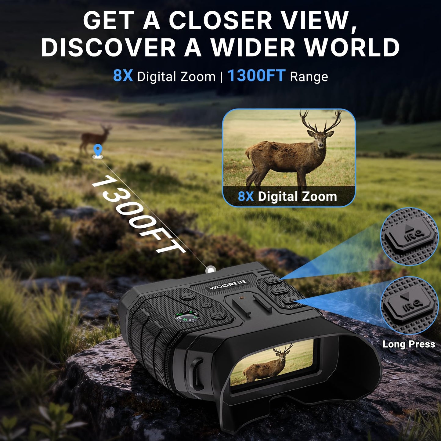 WOGREE Night Vision Goggles, 4K Night Vision Binoculars for Adults, 36MP Photo, 5000mAh Rechargeable Battery, 1300FT Range, 8X Digital Zoom, Infrared Vision, 32GB SD, Flashlight & Compass for Camping