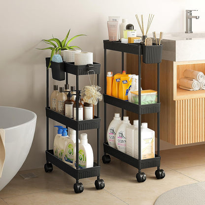 Sevenblue Slim Rolling Storage Cart - 3 Tier Utility Organizer with Wheels for Kitchen & Bathroom (Black)