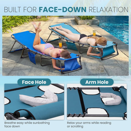 FUNDANGO Heavy Duty Tanning Chair with Face Hole & Canopy, 400lbs Beach Lounge Chair with Side Table, 5-Position Sun Lounger for Outdoor Patio Pool-Face Down Chaise with Anti-Pinch Safety Lock,Cyan