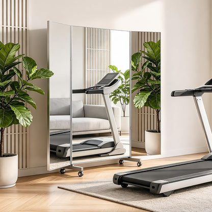 Fitcleer 71”x67” Rolling Full Length Mirror, 3-Way Foldable Glassless Nano Design, Ultra-Light Mirror with Wheels for Home Gym, Dance Studio & Workout Room, White