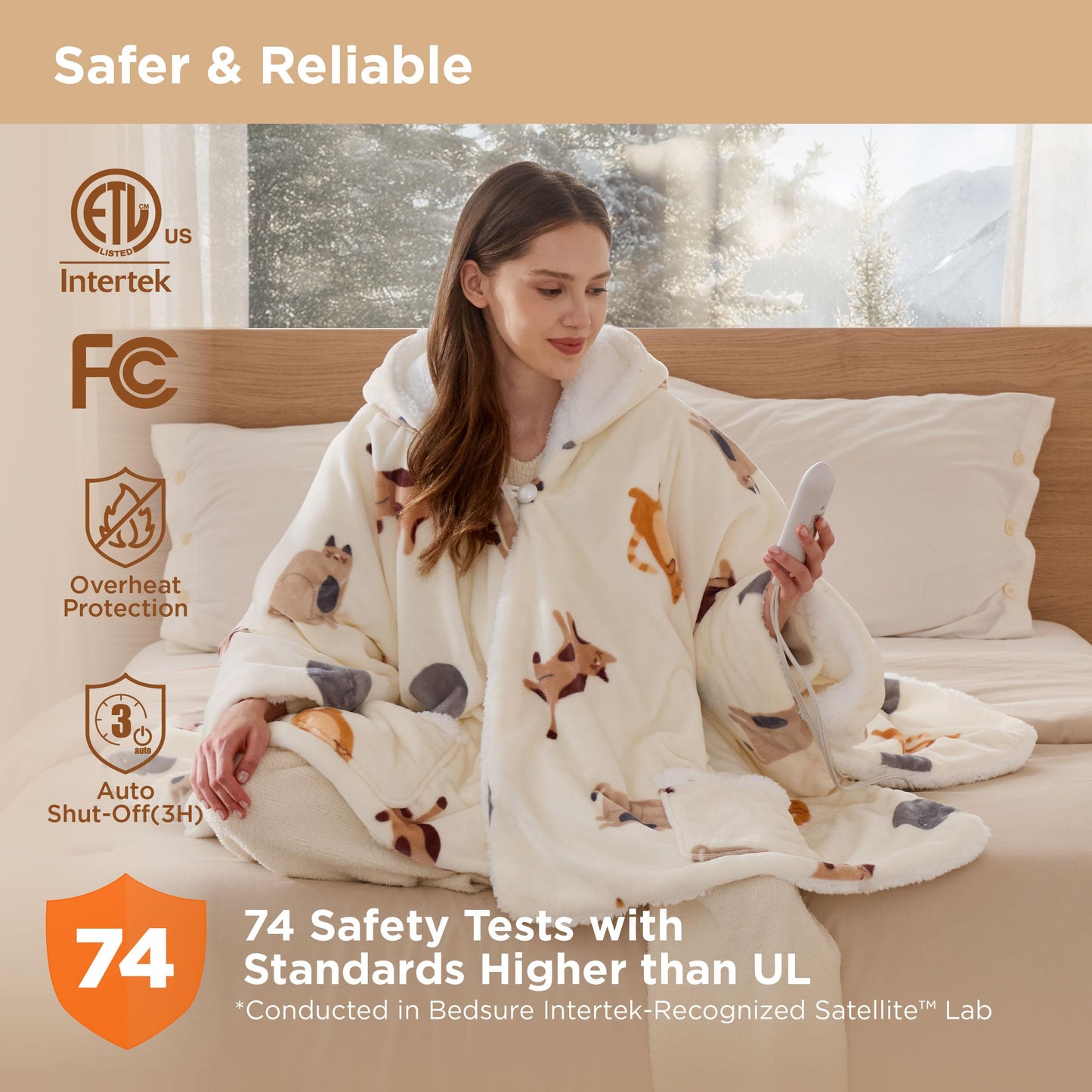 Bedsure Heated Blanket Wearable Shawl - Electric Wrap Poncho Blanket Hoodie for Adult, Birthday Gifts for Mom Women, Sherpa Heating Throw with 4 Time Settings & 6 Heat Settings, 55x64 inches, Grey