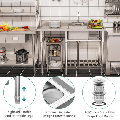 YITAHOME Stainless Steel Freestanding Utility Large Sink with 2 Drainboards & Cart Storage Space, Single Bowl NSF Commercial Prep Sink W/Storage Shelf for Restaurant, Laundry, Garage,Outdoor 50in