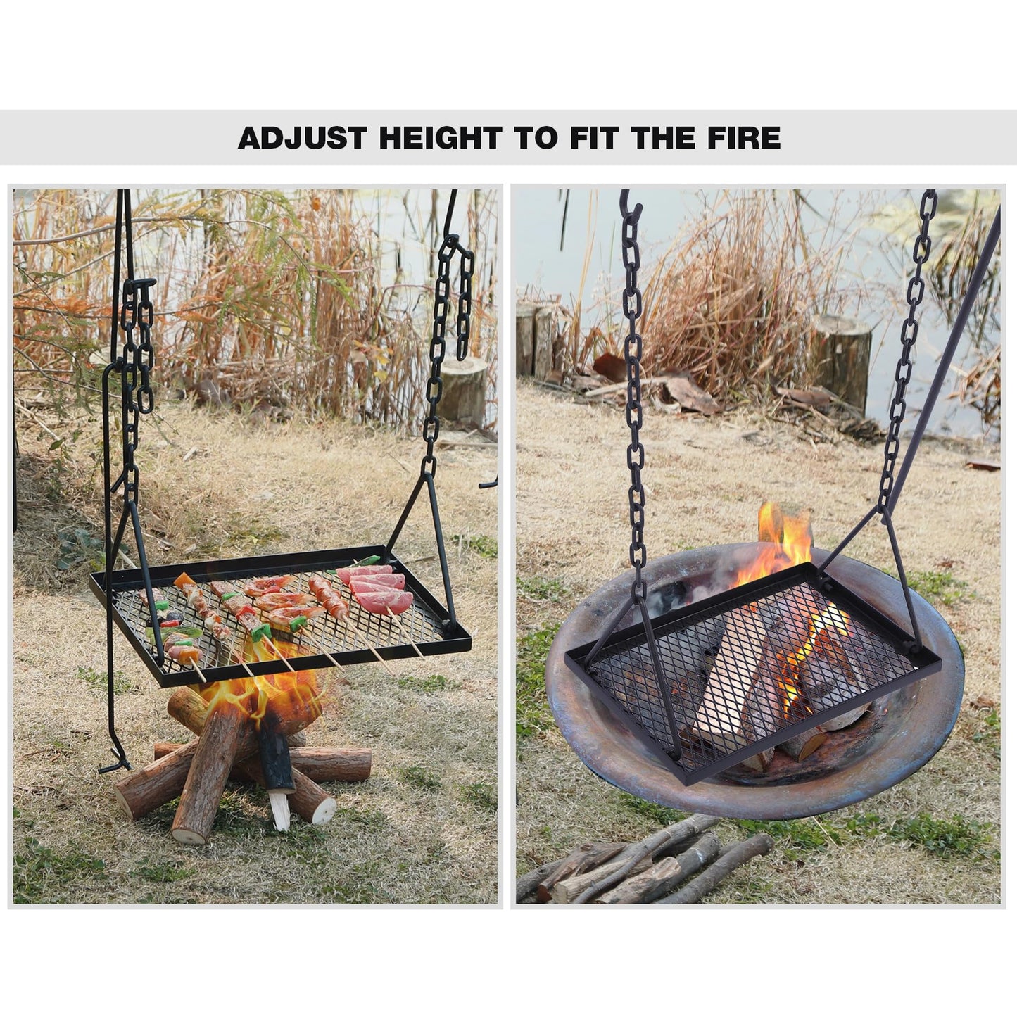 REDCAMP Swing Campfire Grill Stand - Collapsible Campfire Cooking Rack with 6 Hooks & Iron Grill Grate, Portable Dutch Oven Hanger for Outdoor Camping, Cookware, Bonfire, Rectangle