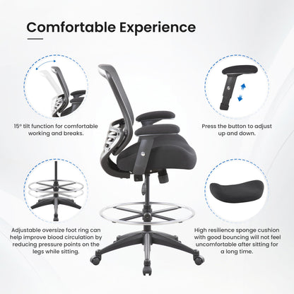 BOLISS 400lbs Mid Back Mesh Ergonomic Drafting Chair for Standing Desk Office Wide Chair Built-in Lumbar Support Big Adjustable Foot Ring Height Adjustable Armrest (Black)