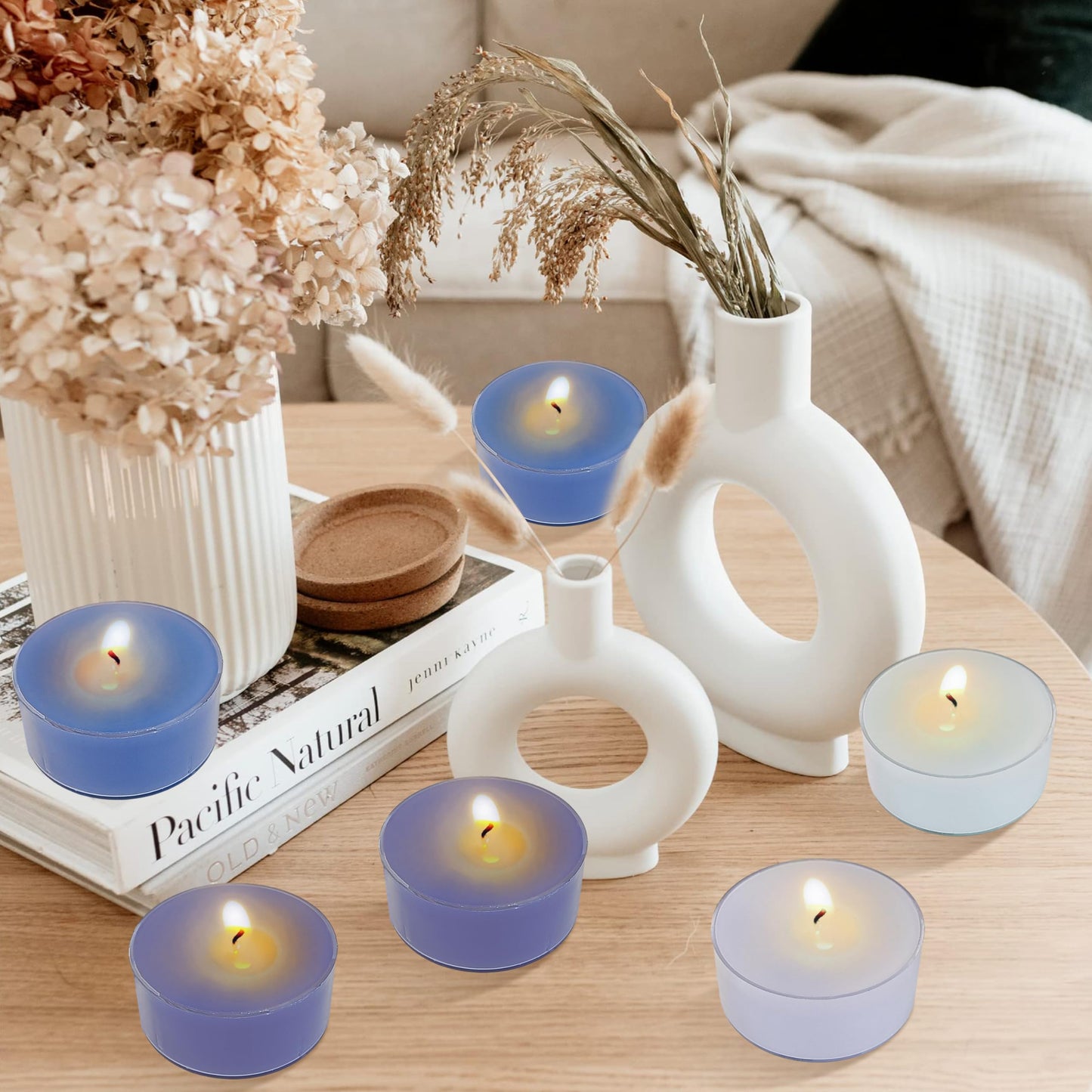 Blue Ombre Tea Lights Candle Set of 24, Sea Salt Scented Tealight Candles, Handmade Tea Candles, Long Burning Tealights for Romantic Wedding Home Decor Gift
