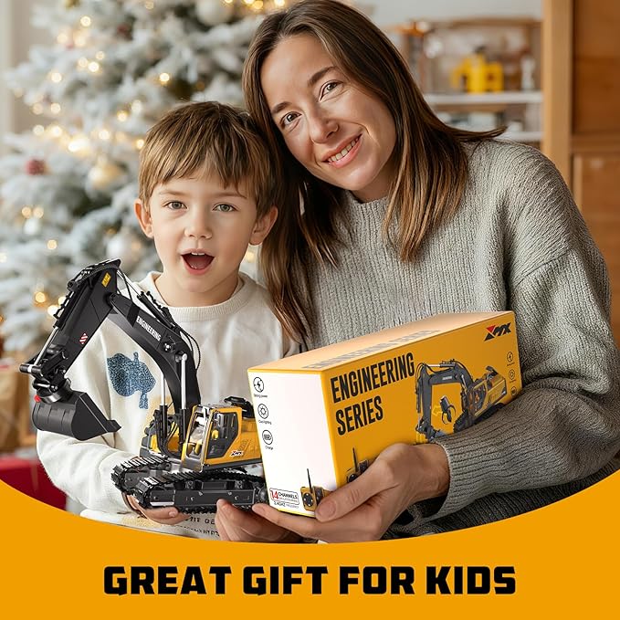 Remote Control Excavator Toys for Boys 3 in 1 RC Excavator Toy with Alloy Bucket Rock Breaker and Grapples - Rotatable 680° Lights and Sounds RC Construction Toys for Boys Age 3+