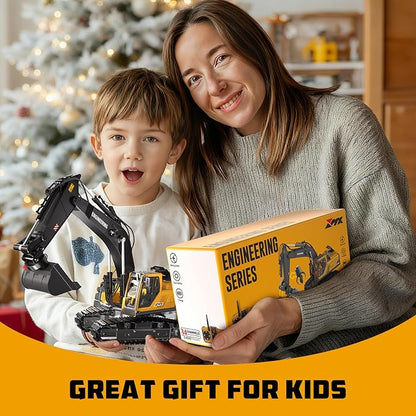Remote Control Excavator Toys for Boys 3 in 1 RC Excavator Toy with Alloy Bucket Rock Breaker and Grapples - Rotatable 680° Lights and Sounds RC Construction Toys for Boys Age 3+