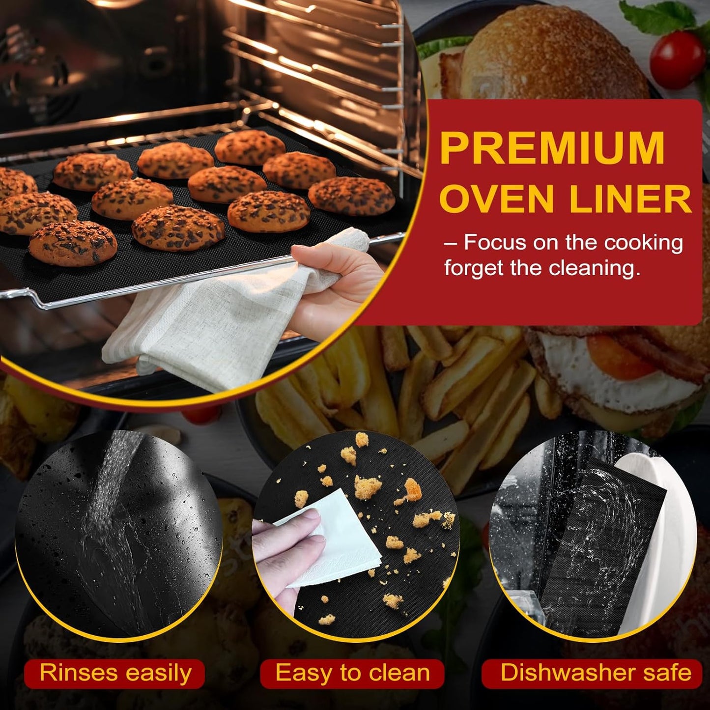 Skiennix Oven Liners - 2 Pack Heavy Duty Non-Stick Mats | 17"x25" Reusable & Heat Resistant, BPA/PFOA Free (Black)