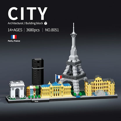 Paris Skyline Architecture Adult Building Blocks Set 3680PCS with Eiffel Tower and The Louvre Assembly Collection Micro Bricks 3D Model for Teens Age of 14+