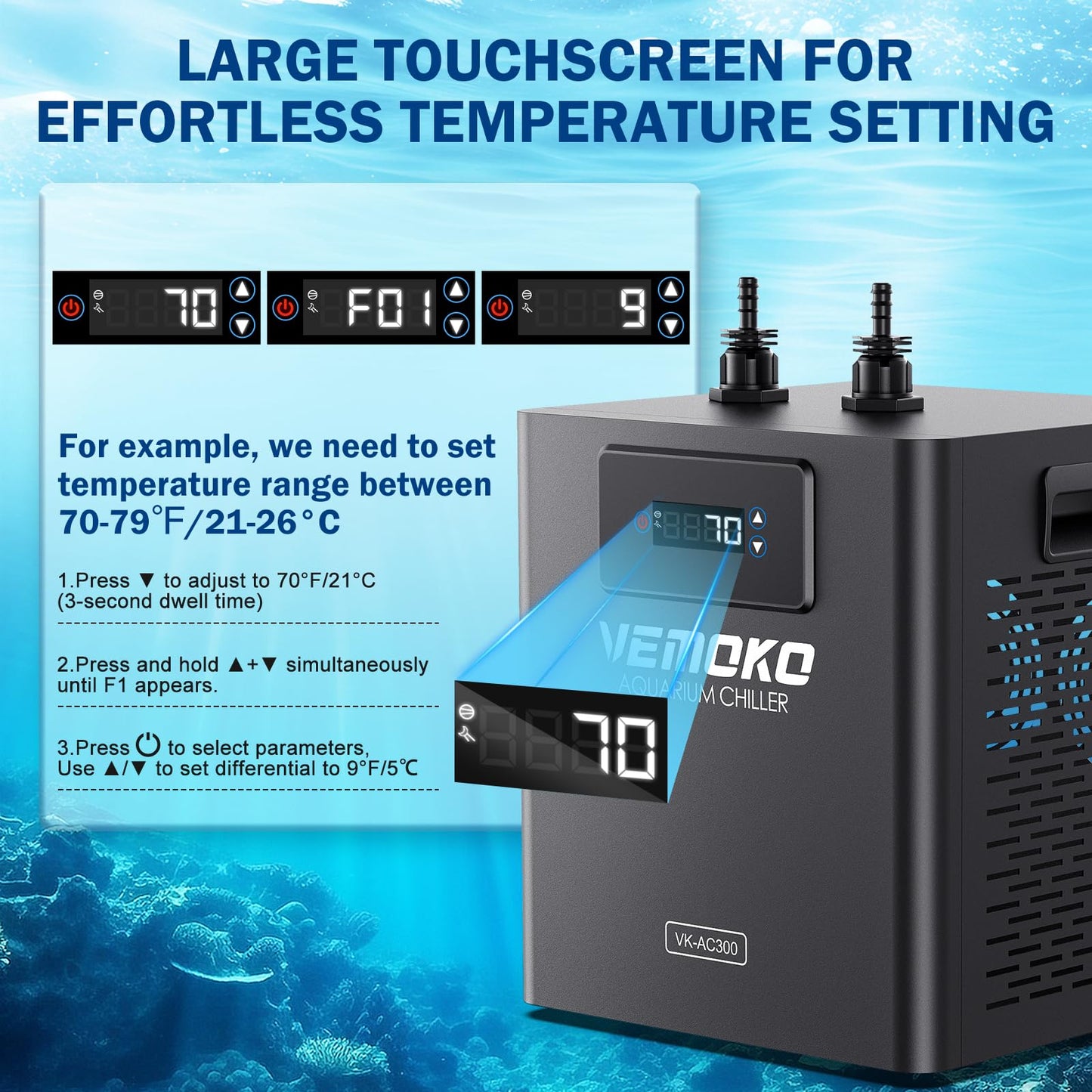VEMOKO Aquarium Chiller 79 GAL - Water Chiller for Aquarium 1/3 HP Energy Efficient Fish Tank Water Chiller for Axolotl, Coral, Jellyfish, Freshwater & Saltwater Quiet Cold Plunge Chiller 300L