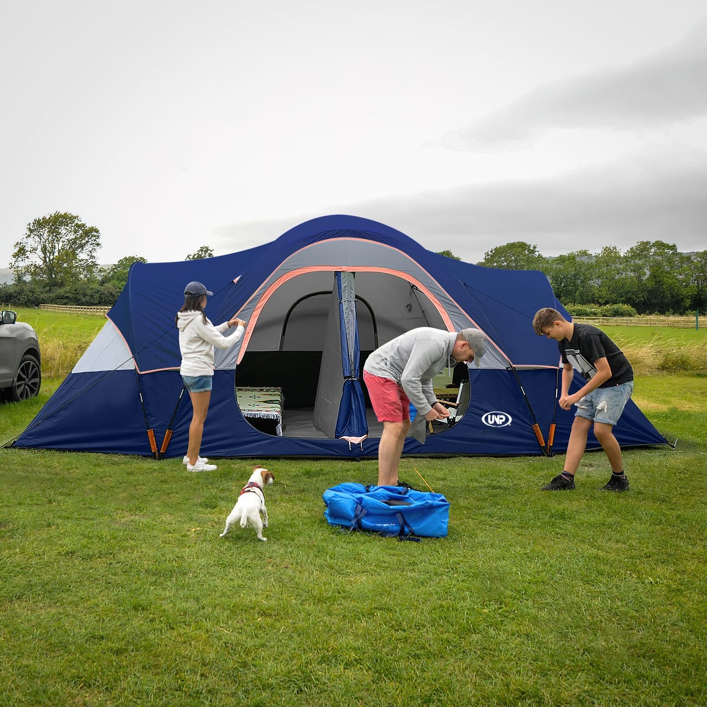 UNP Camping Tent 10-Person-Family Tents, Parties, Music Festival Tent, Big, Easy Up, 5 Large Mesh Windows, Double Layer, 2 Room, Waterproof, Weather Resistant, 18ft x 9ft x78in (Navy Blue)