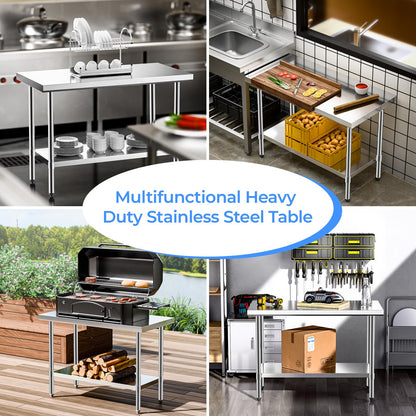 NUUK Stainless Steel Work Table 24" x 48", Commercial Kitchen Food Prep Table with Adjustable Height, Utility Worktable Metal Countertop Work Station for Restaurant, Home and Hotel