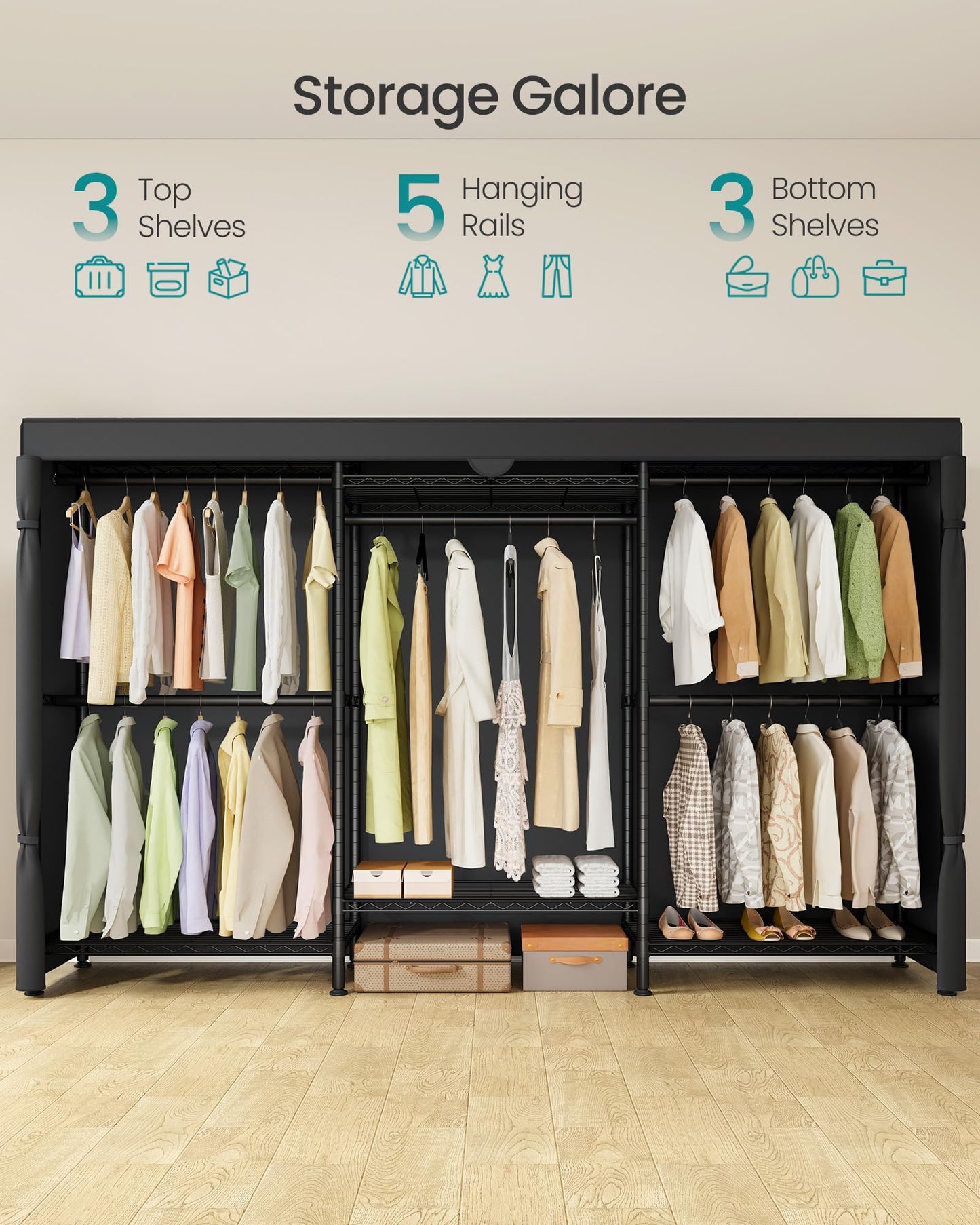 SONGMICS Heavy-Duty Rolling Clothes Rack, Garment Rack, Portable Closet, with Adjustable Mesh Shelves and Hanging Rails, Fabric Cover, 15.8 x 86.4 x 76 Inches, Ink Black ULGR437BH01