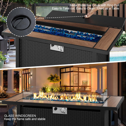45 inch Propane Fire Pit Table, 50,000 BTU Outdoor Gas Fire Pit Table with Lid, Glass Wind Guard, Waterproof Cover, Rectangle Gas Firepit Table for Garden/Patio(Walunt)