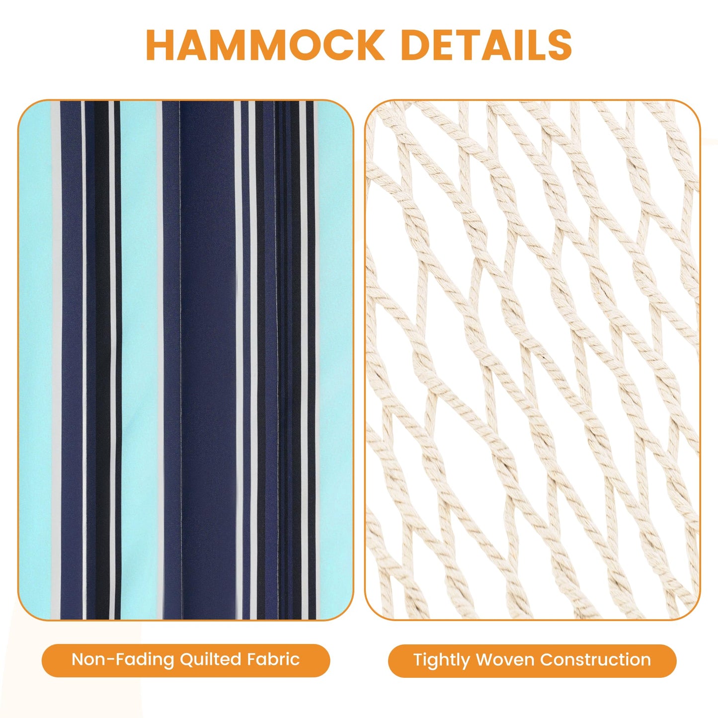 Lazy Daze Hammocks Rope Hammock with Pad, Spreader Bar, Carabiners, Tree Straps, Chains for Outside Patio- Max 450 Lbs, Dark Blue Stripes