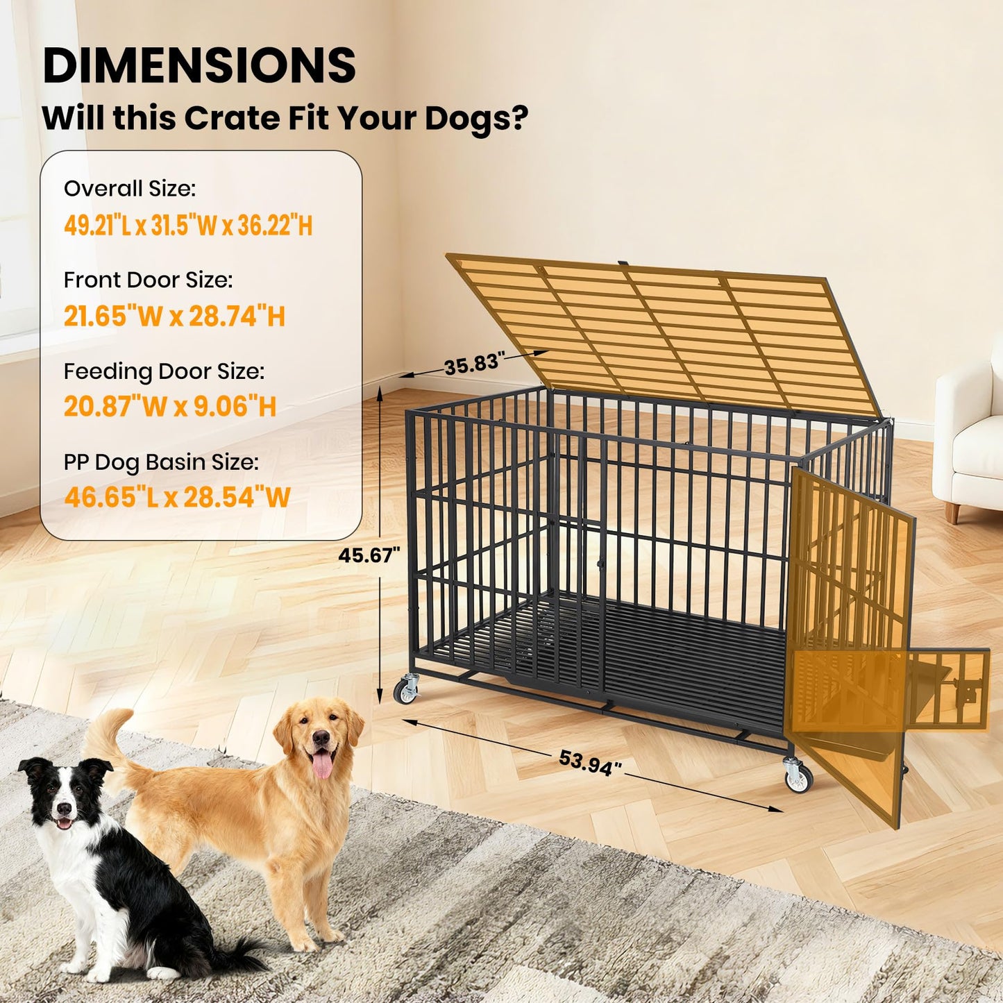 GarveeHome 49" Heavy Duty Metal Dog Crate - Escape Proof Kennel with Wheels, 3-Door Large Dog Cage & Removable Tray for Large and Medium Breed Dogs, Black