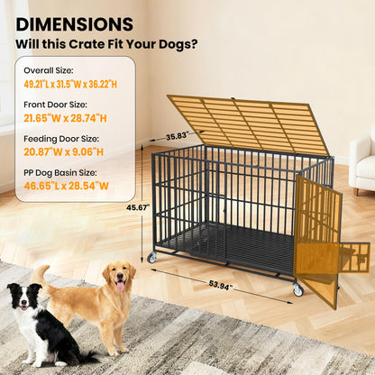 GarveeHome 49" Heavy Duty Metal Dog Crate - Escape Proof Kennel with Wheels, 3-Door Large Dog Cage & Removable Tray for Large and Medium Breed Dogs, Black