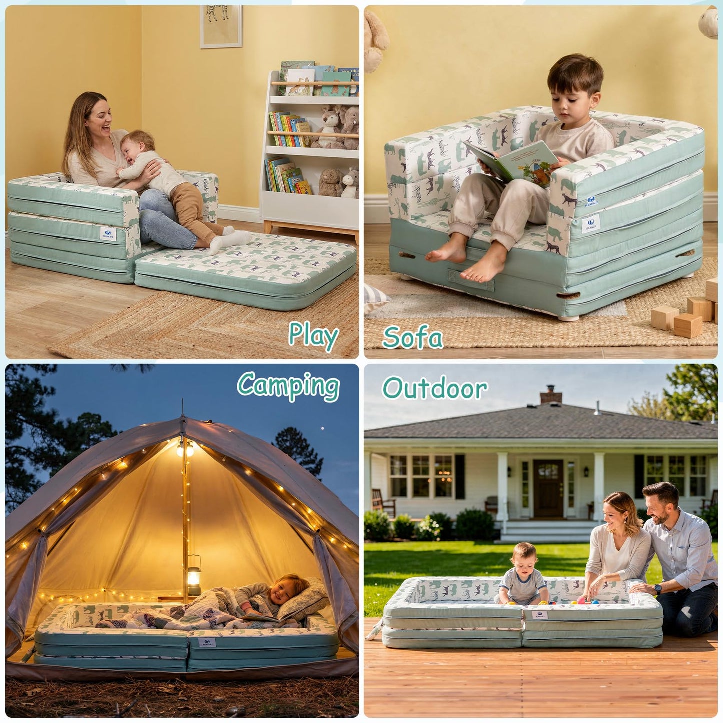 BLENNACY Toddler Travel Bed,Bunny-Shaped 3-in-1 Foldable Toddler Bed for Kids, Portable Toddler Cot with Washable Covers Soft Foam Raised Bumper for Naps,Lounger,and Little Sofa