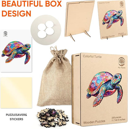 Mys Aurora Colorful Turtle Puzzles for Adults 200 Pieces 5MM Thick Wooden Jigsaw Puzzles Unique Shape Puzzle Ocean Wood Puzzles for Adults and Kids Birthday Gifts Family Game 11.4 * 11.4 inches