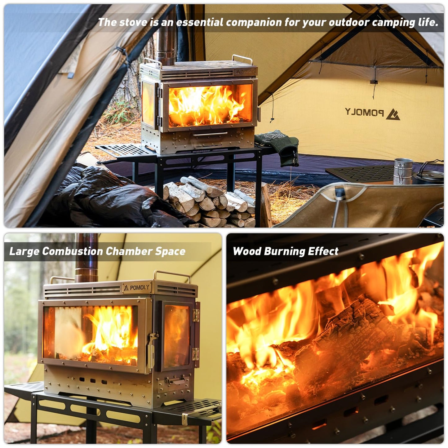 POMOLY Camping Tent Stove Wood Stove, Dweller Ultra 4 Stainless Steel Wood Burning Stove and Stove Frame Base for Cooking, Heating (with 4 Glasses)