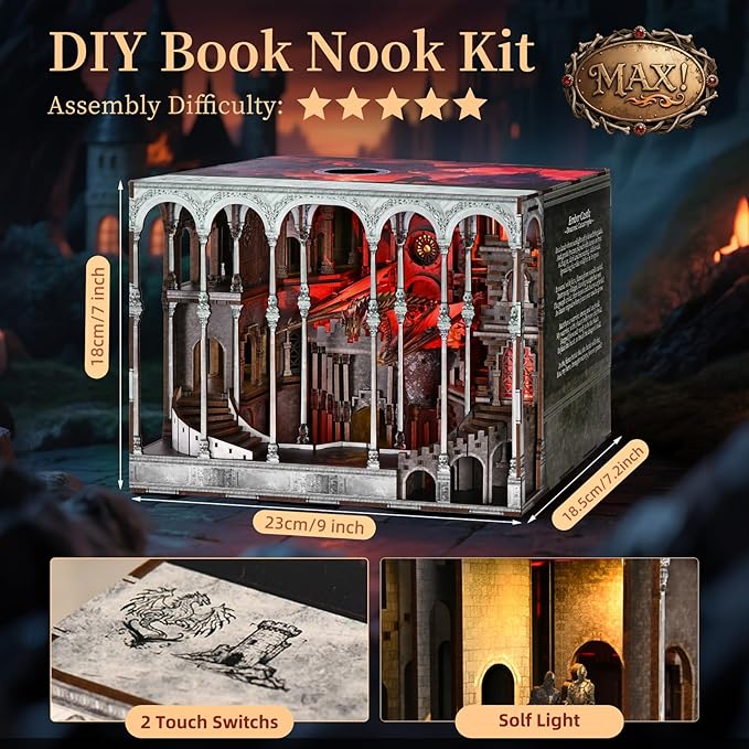 Book Nook Kit DIY Miniature House Dollhouse Kit for Adult and Teens Booknook Bookshelf Decor Castle Model Build with LED Light Gifts for Family and Friends (Ember Castle)