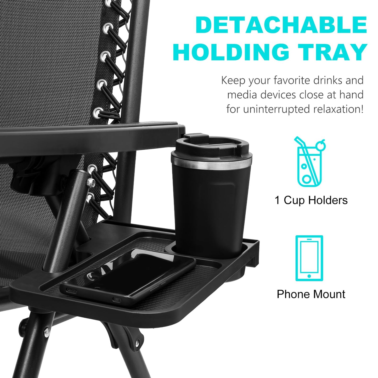 SZHLUX Set of 2 Adjustable Steel Mesh Zero Gravity Lounge Chair Recliners w/Pillows and Cup Holder Trays