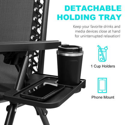 SZHLUX Set of 2 Adjustable Steel Mesh Zero Gravity Lounge Chair Recliners w/Pillows and Cup Holder Trays