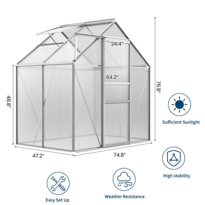 6x4FT Greenhouse for Outdoors, Walk-in Polycarbonate Greenhouse with Sliding Door, Adjustable Roof Vent & Gutter System, Portable Outdoor Green House Kit for Winter Gardening