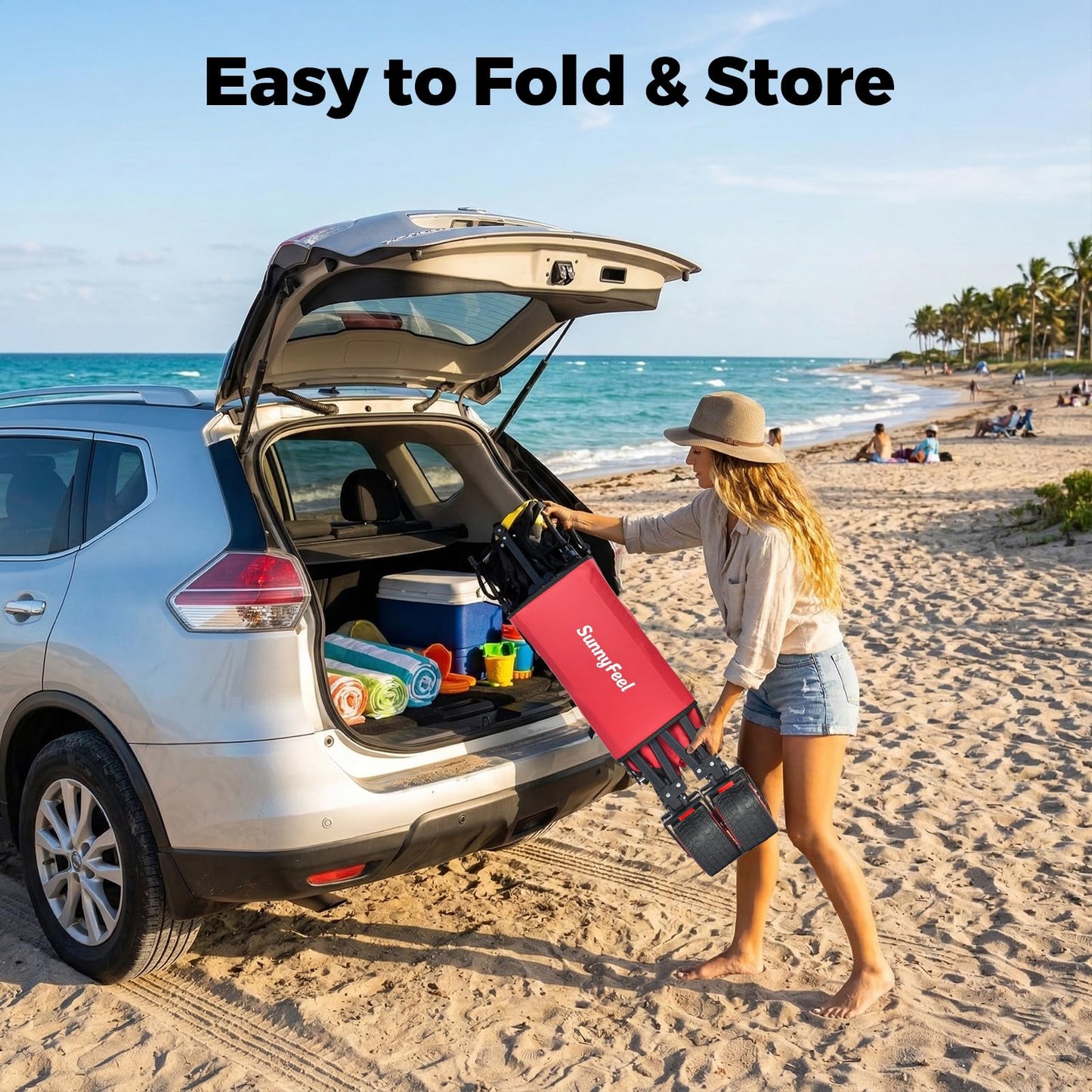 SUNNYFEEL Double Decker Folding Wagon Cart - 500lbs Heavy Duty Collapsible Utility Wagon with All Terrain Big Wheels & Drop Down Tailgate,400L Large Capacity Wagon for Camping,Garden,Sports