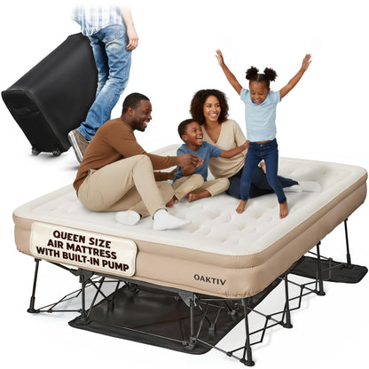 Oaktiv Queen Air Mattress with Frame, Self Inflating/Deflating Bed for Adults - PeakRest Blow Up Bed, Camping Cot with Mattress - Portable with Travel Rolling Case on Wheels