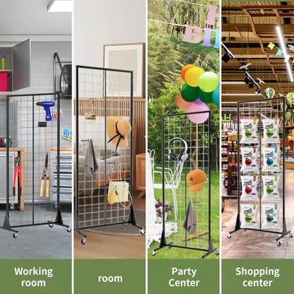 RCZSCBK 2' x 5.5' Grid Wall Panels Standing Wire Grid, Study Display Rack with T-Base Wheels Freestanding Gridwall Panel Tower for Shows, Black (4) (4)