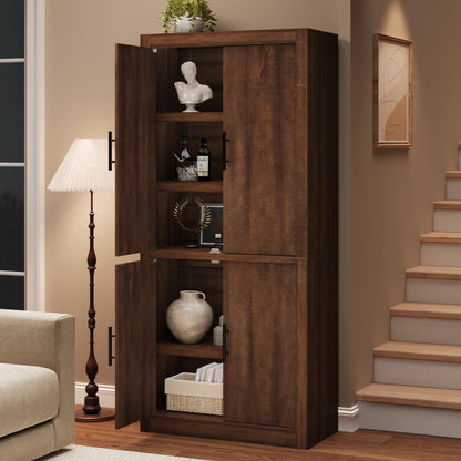 IDEALHOUSE Tall Wooden Kitchen Pantry Cabinet, Farmhouse 4-Magnetic Door Freestanding Food Storage Cupboard Pantry Cabinet with Adjustable Shelves & Large Storage for Dining, Living Room, Retro Brown