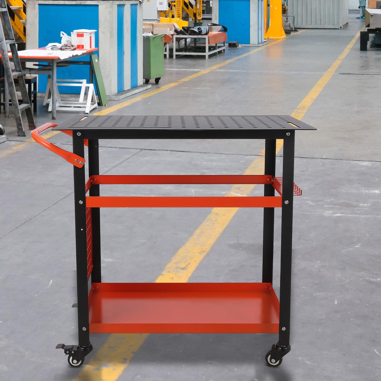 Orange Welding Tables with Wheels for Shop 36"x24", Steel Welding Workbench Table On Wheels, Portable Work Bench with Casters,Tool Slots, 5/8-Inch Fixture Holes,