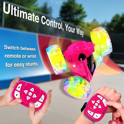 Contixo SC3A Toy Remote Control Car for Kids with Double-Sided 360° Rotating Stunt 4WD Off-Road RC Cars with LED Lights Birthday for Boys and Girls Ages 4 5 6 7 - Pink