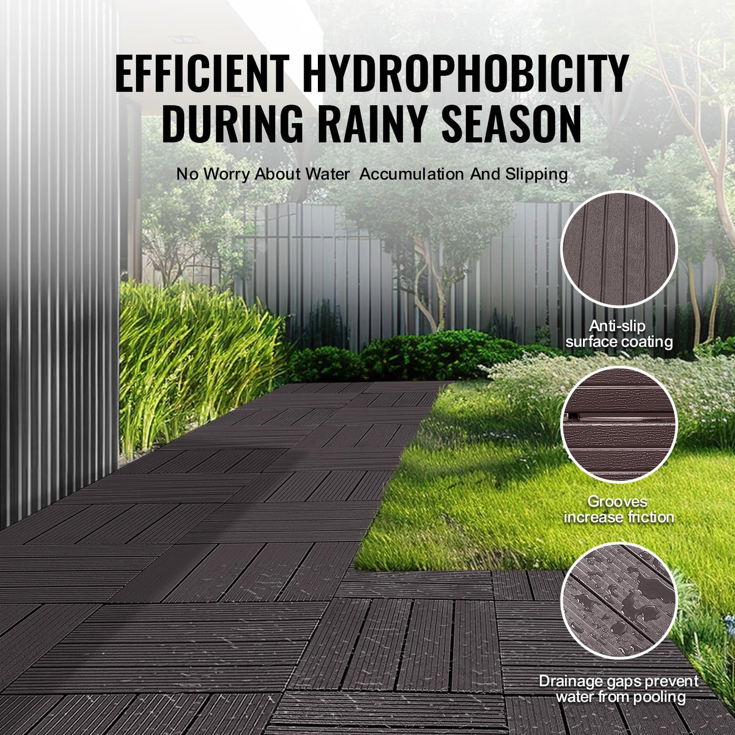 VEVOR 54 sq. ft Plastic Interlocking Deck Tiles, 54 Pack,12"x12" Waterproof Non-Slip Outdoor Flooring All Weather Use, Patio Floor Decking Tiles for Porch Poolside Balcony Backyard, Dark Brown