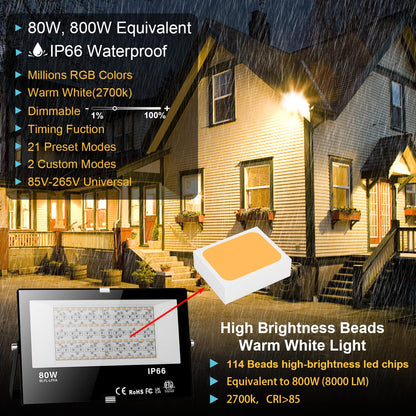 Neliwo LED Flood Light Outdoor 800W Equivalent Bluetooth Smart Color Changing RGB Spot Light DIY-Scene+RGB+2700K Warm White APP & Group Control & Timing IP66 Waterproof 4Pack