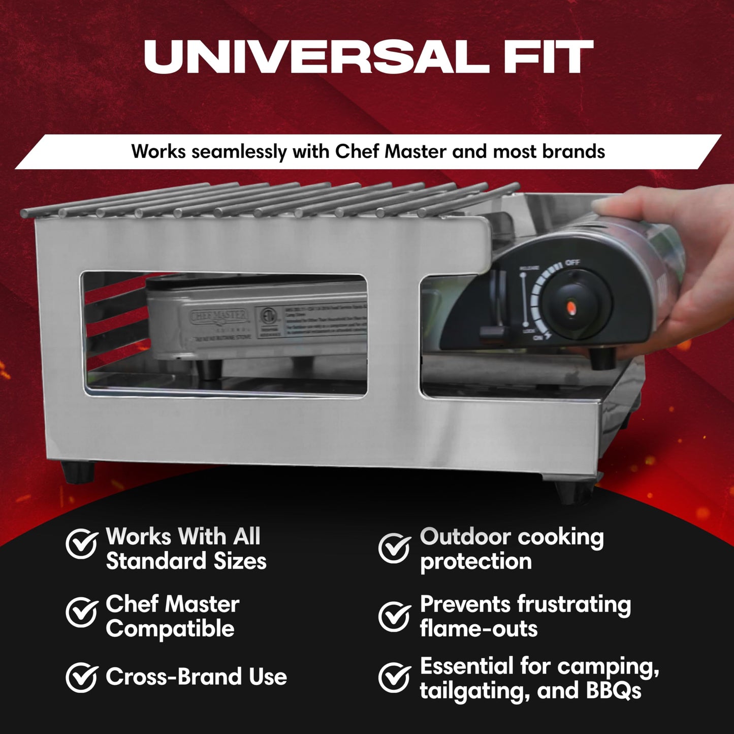 Chef Master Butane Stove Cover - Premium Stainless Steel Universal Fit - Any Standard Size Camping Stove - Portable Screen & Camping Wind Blocker - Camp Essentials for Outdoor & Indoor Cooking 90217
