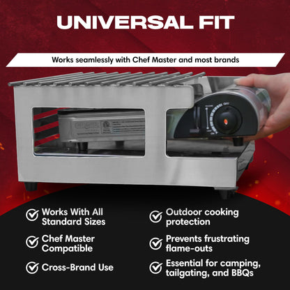 Chef Master Butane Stove Cover - Premium Stainless Steel Universal Fit - Any Standard Size Camping Stove - Portable Screen & Camping Wind Blocker - Camp Essentials for Outdoor & Indoor Cooking 90217