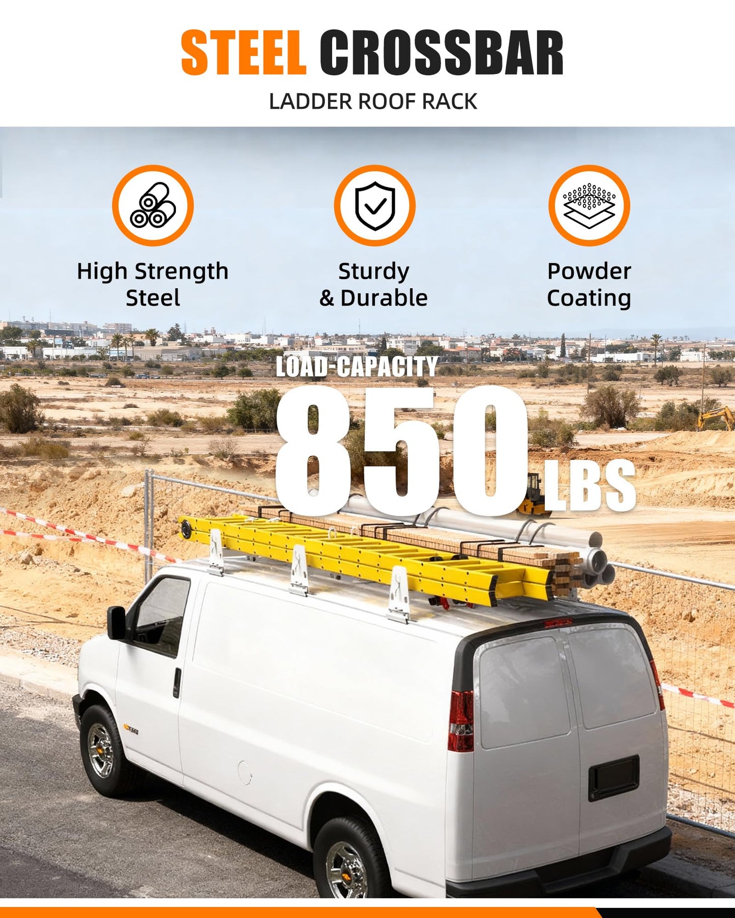 MELIPRON 850 lbs Van Roof Ladder Rack Fit for Chevy Express 1500 2500 3500, for 1996–2025 Cargo Vans with Rain Gutters, No Drill, Heavy Duty for Commercial Use