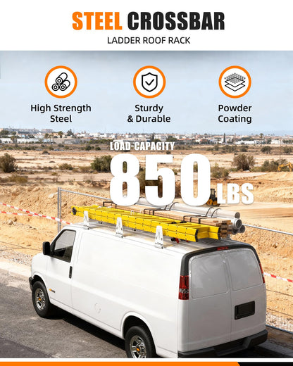 MELIPRON 850 lbs Van Roof Ladder Rack Fit for Chevy Express 1500 2500 3500, for 1996–2025 Cargo Vans with Rain Gutters, No Drill, Heavy Duty for Commercial Use