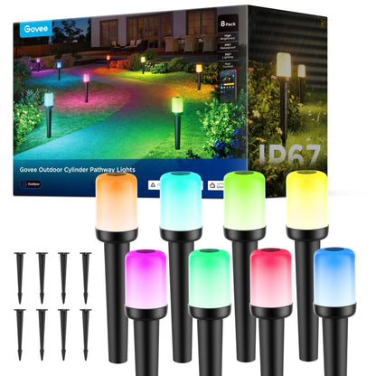 Govee Outdoor Cylinder Pathway Lights 8 Pack, 425lm Patio Lights, IP67 Waterproof, 60+ Preset Scene Modes, Outdoor Decor for Path, Patio, Garden, Lawn, Compatible with Alexa, Google Assistant, Matter